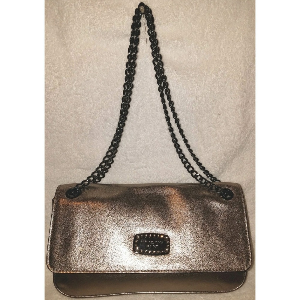 Michael Kors taupe metallic leather crossbody handbag with flap